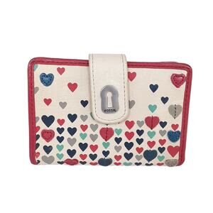 Fossil Mini Pocket Wallet Y2K Hearts Pink Leather Bifold Travel Card Case Snap